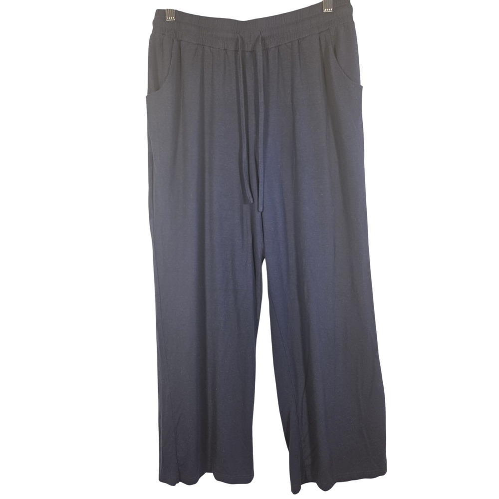 EXCHIC Wide Leg Lounge Pants Wms XL Navy Blue Drawstring Viscose Stretch Casual